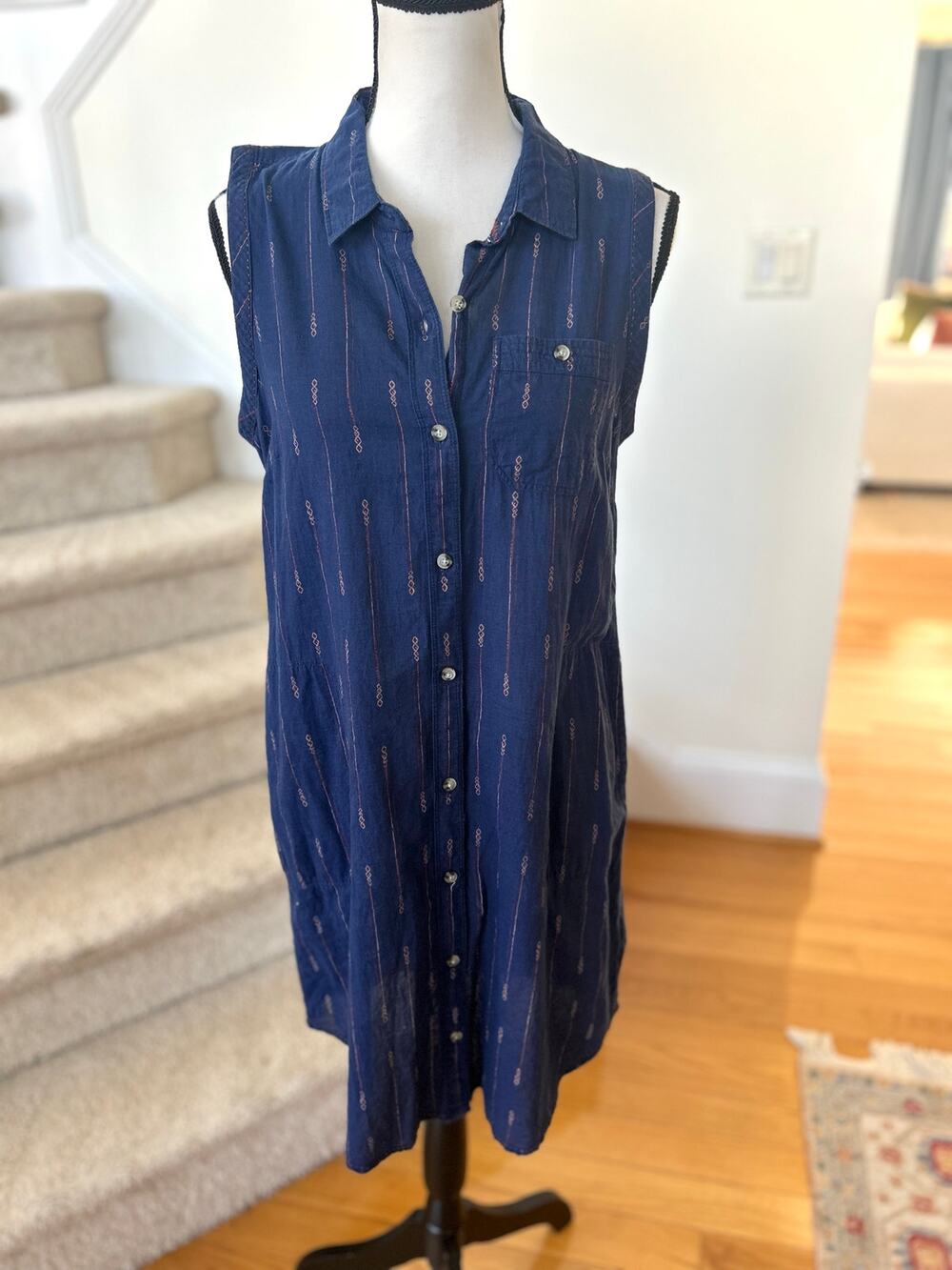 Toad&Co Indigo Ridge Navy Blue Pin Strip Print Sleeveless Shirt Dress